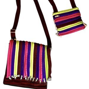 Set of 2 Crossbody Shoulder Bags Colorful Zipper Purse Hippie Boho Festival Pink